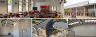 collage of 5 pictures interior offices, an aerial CGI image and a venue hire space